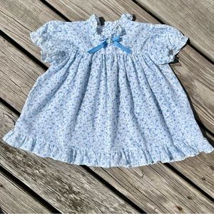 Vintage Seventies Baby Girl Blue Calico Short Sleeved Summer Dress 18 Months
